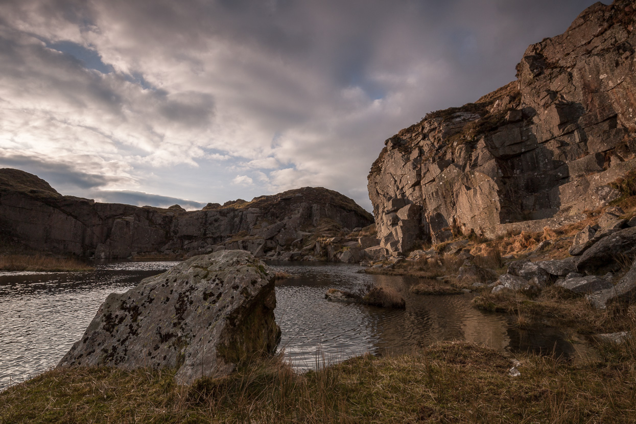 The sun reflected off of the rocks at Foggintor Quarry.